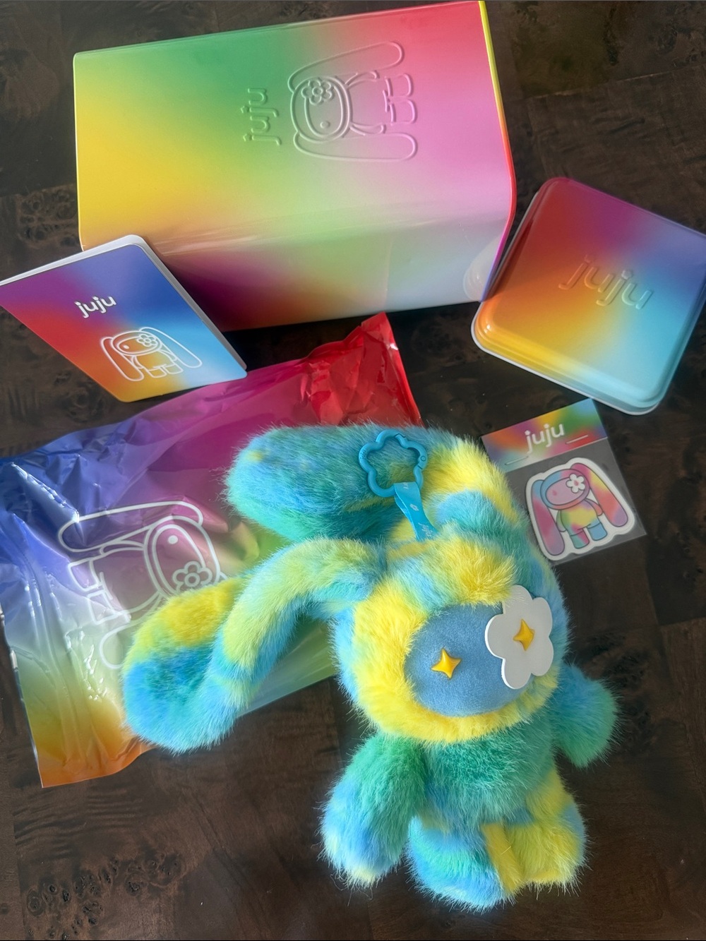 JuJu Rainbow Bunny Plush Keychain in Blue & Yellow